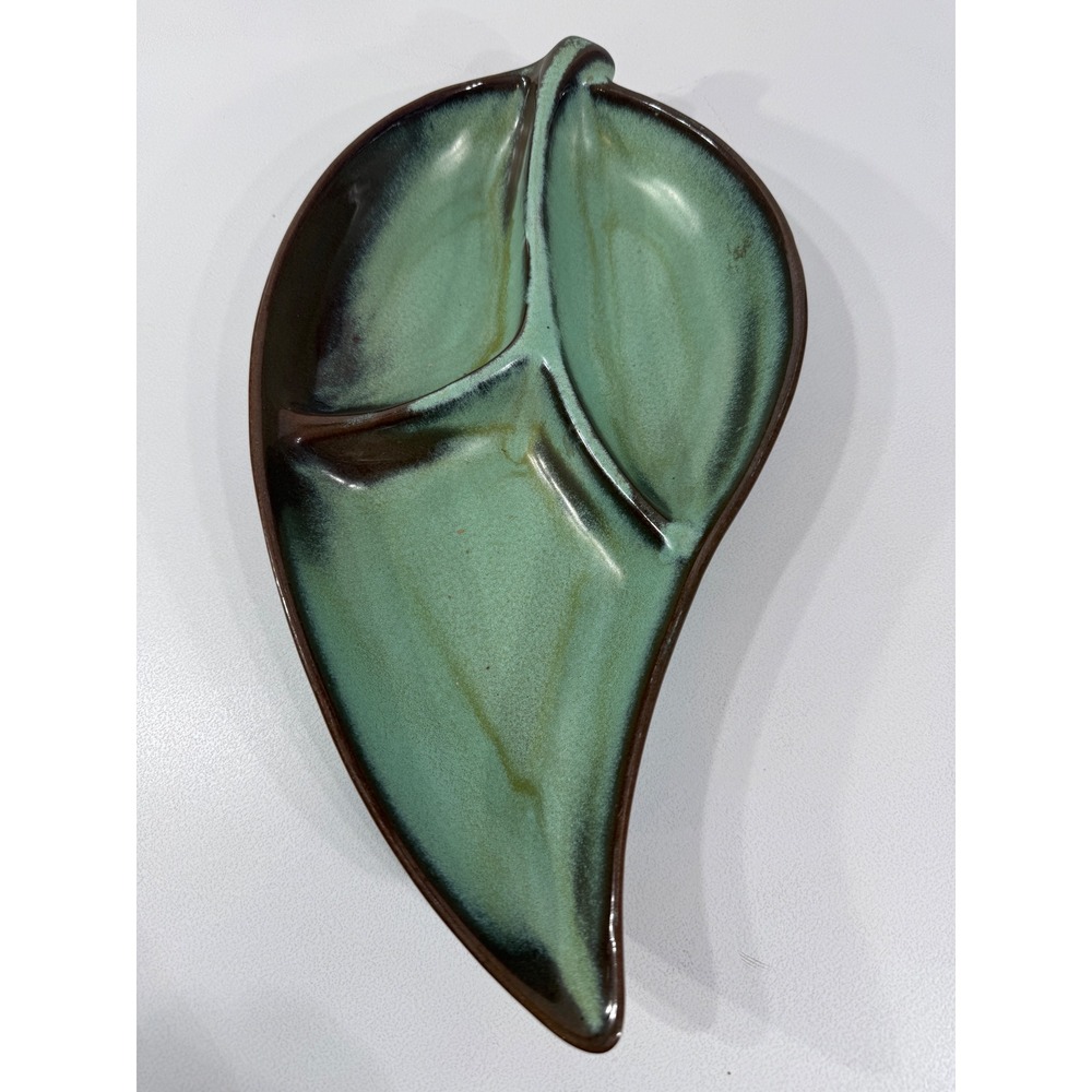 Frankoma Pottery 83 Prairie Green Leaf Divided Serving Dish Vintage Ada Clay